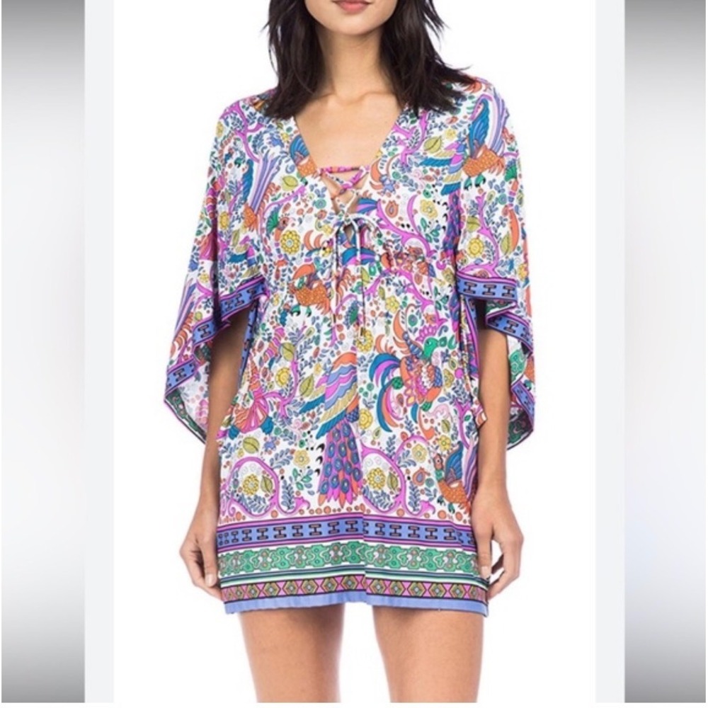 D6 Trina Turk Peacock Floral Print Kaftan Swim Cover Up Kimono Sleeve M - Picture 3 of 10